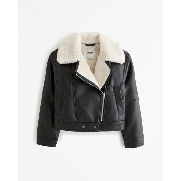 Abercrombie & Fitch Black Vegan Leather Jacket With White Faux Shearling Collar - Picture 2 of 13